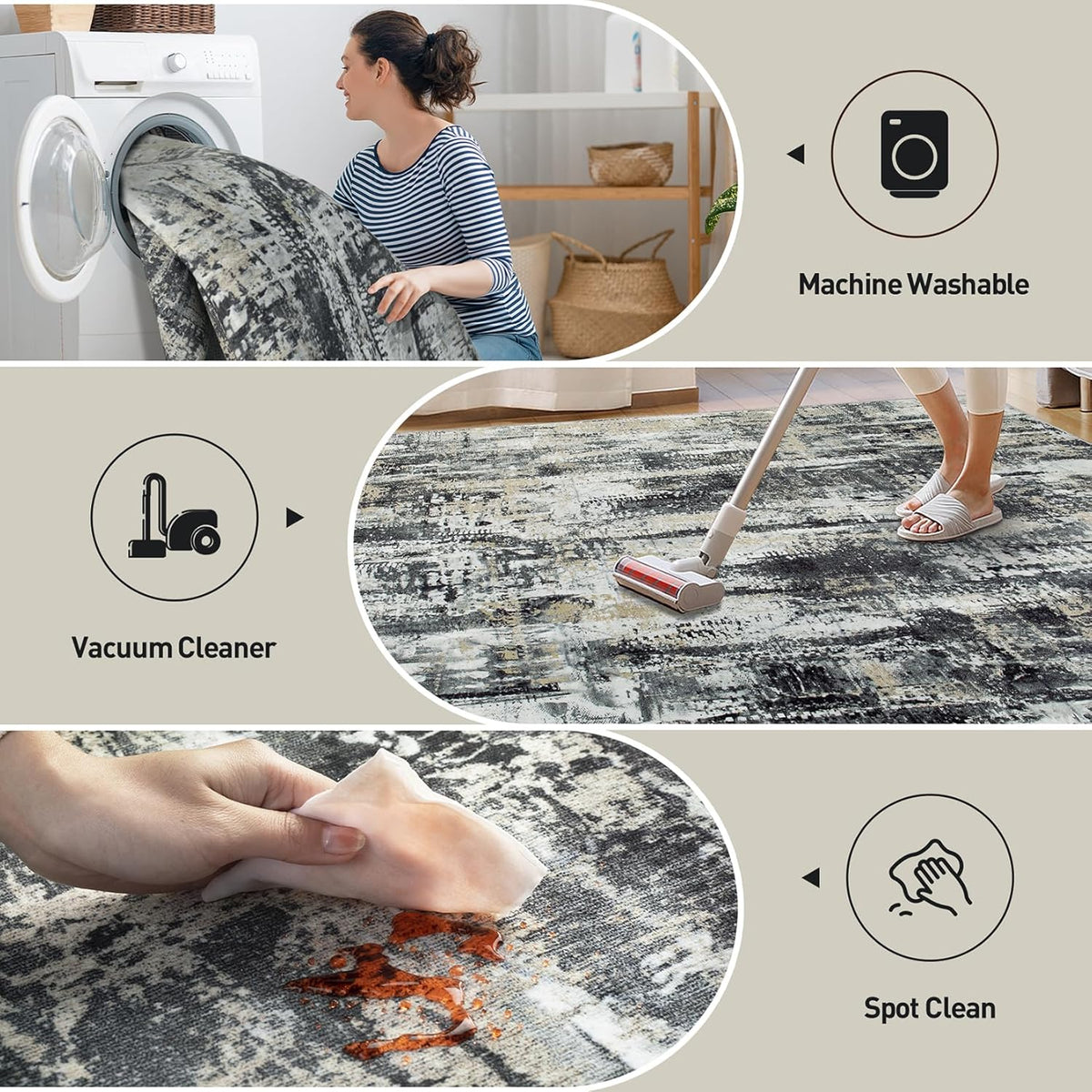 6X9 Area Rugs for Living Room: Washable Abstract Black Grey Gold Carpet