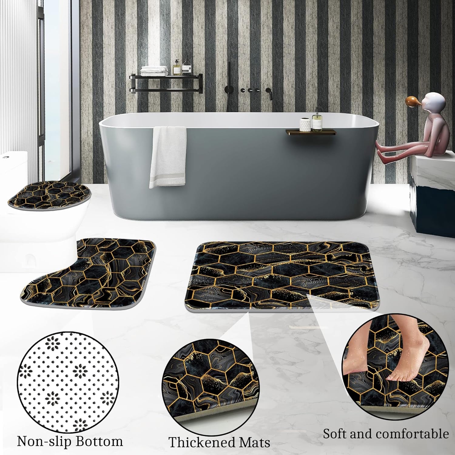 Shower Curtain Set with Rugs,Bathroom Accessory Set, Including Non-Slip Rugs,Toilet Lid Cover and Bath Mat, Waterproof Shower Curtain with 12 Hooks,Black