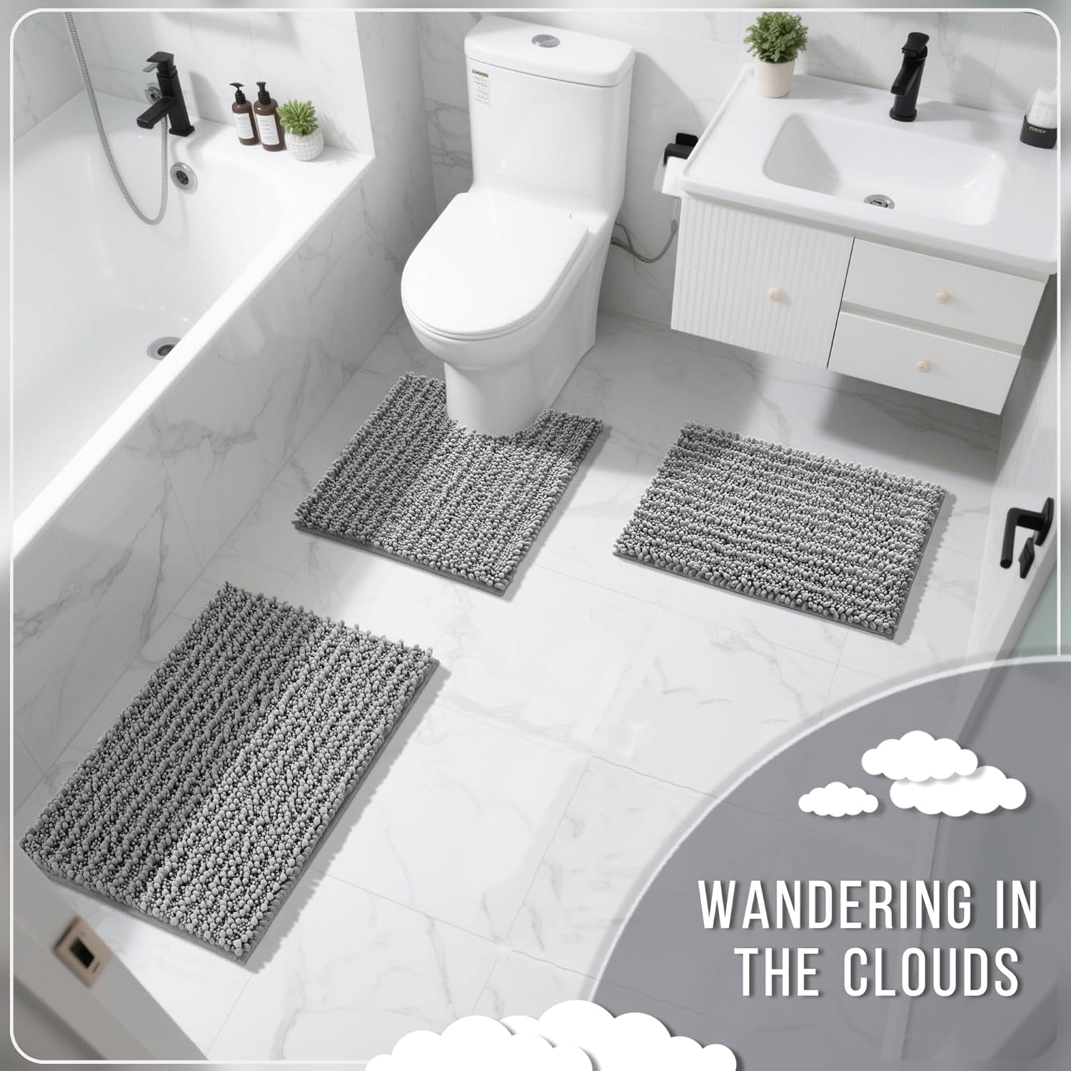 Bathroom Rug Set 3 Piece - Super Absorbent Quick Dry Chenille Bathmats & Toilet Rug, Grey