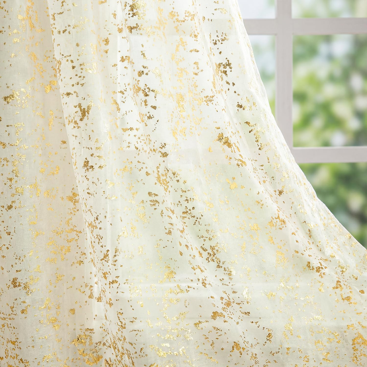 2Pcs Beige Sheer Curtains for Window 52X84In, Gold Sequin