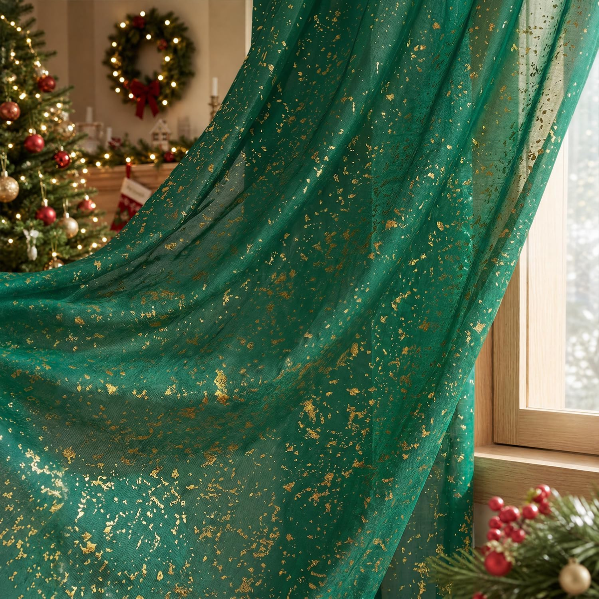 2Pcs Dark Green Sheer Curtains for Window 52X84In, Gold Sequin