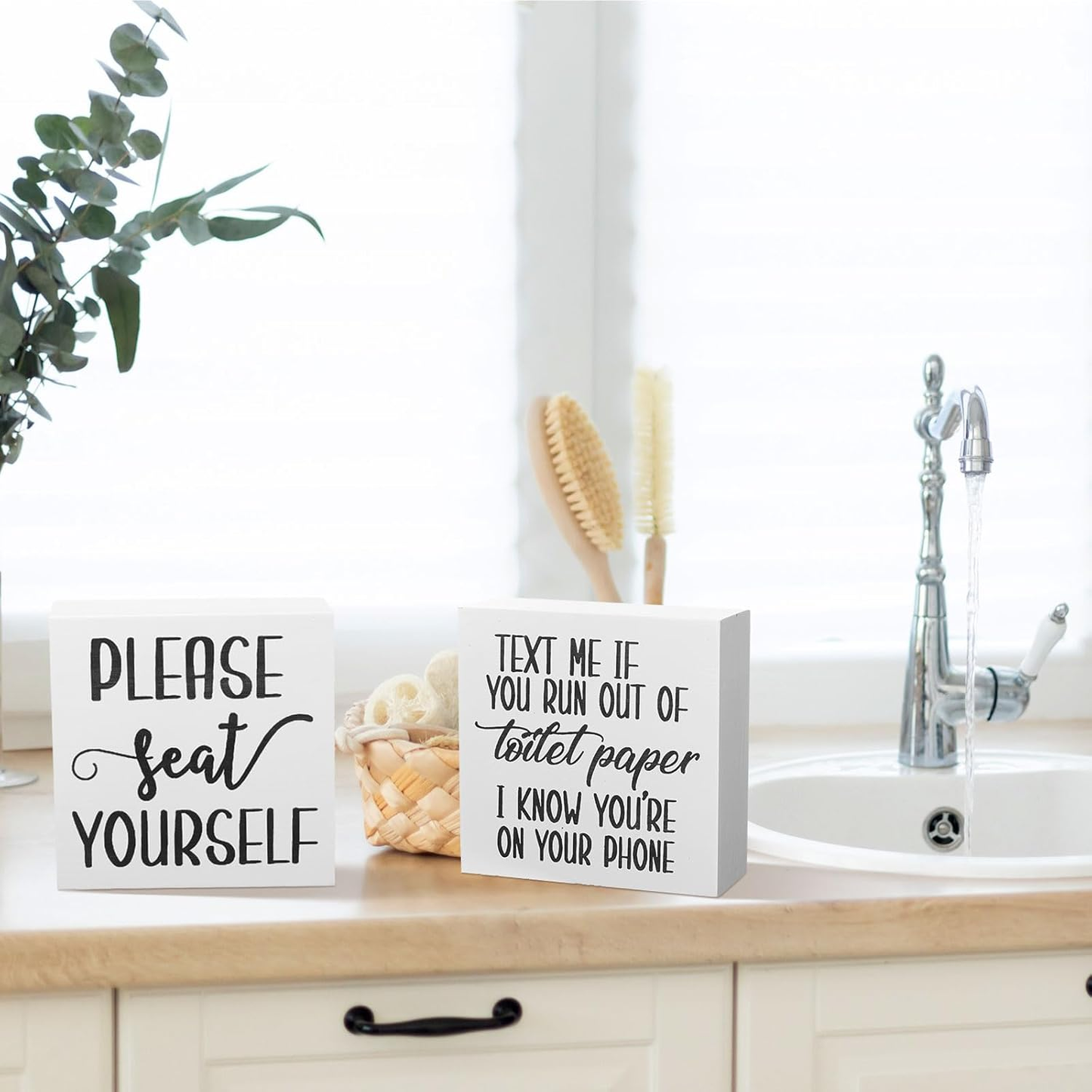2 Pieces Farmhouse Bathroom Signs Decor Wooden Box Sign Funny Bathroom Wall Art Rustic Wood Plaque Please Seat Yourself Decor for Home Restroom(White)