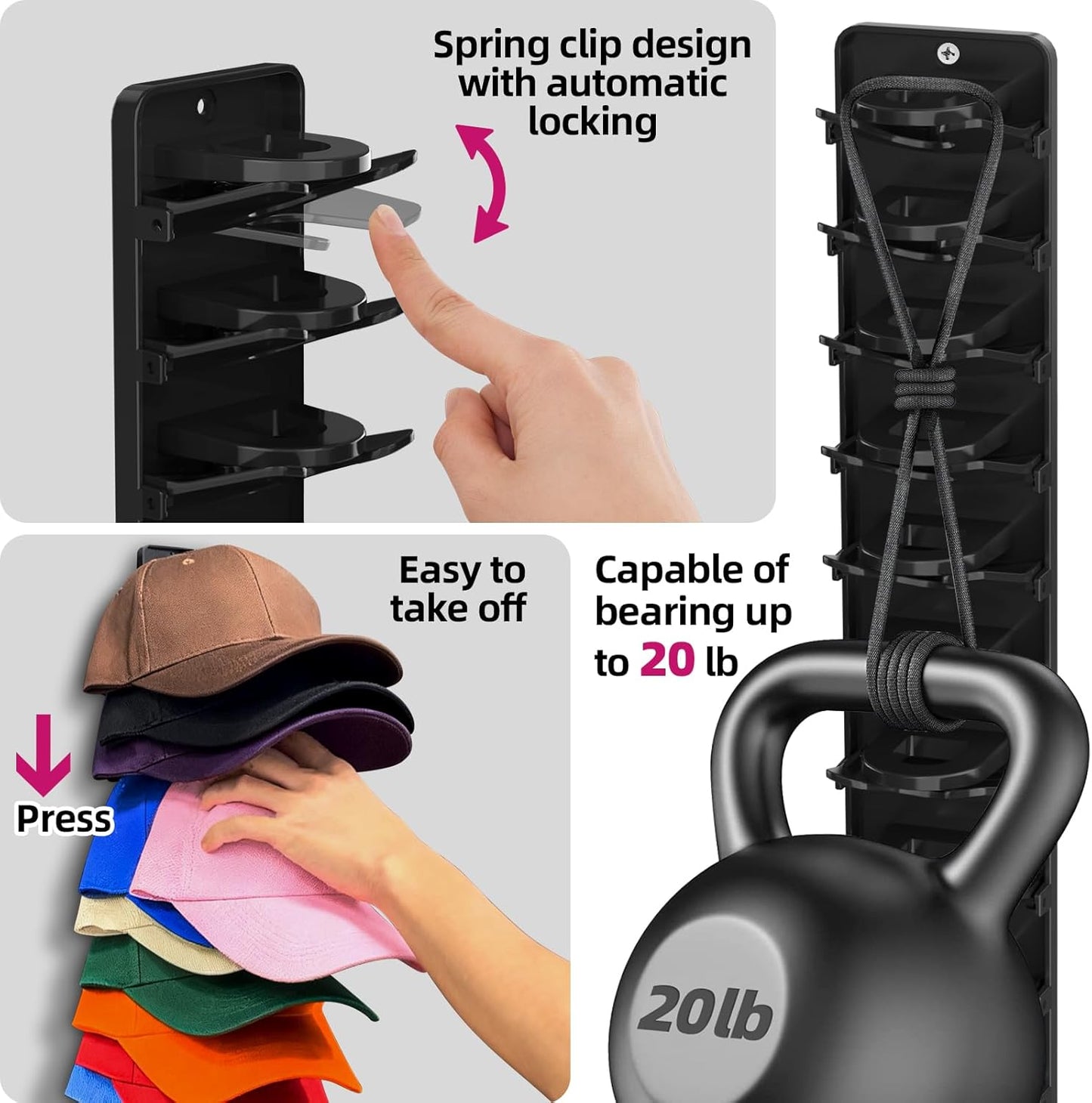 Spring-Loaded Hat Organizer for Baseball Caps (2 Pack) – Holds 20 Caps, Quick Insert & Smooth Release with Secure Hold, Wall Mount – Black