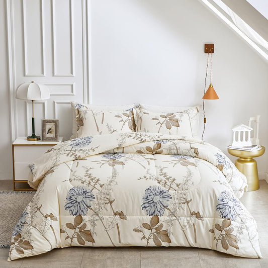 Floral Comforter Set, Elegant Flowers on Light Khaki Botanical Design, 3 Pcs King Size, 102X90 Inches