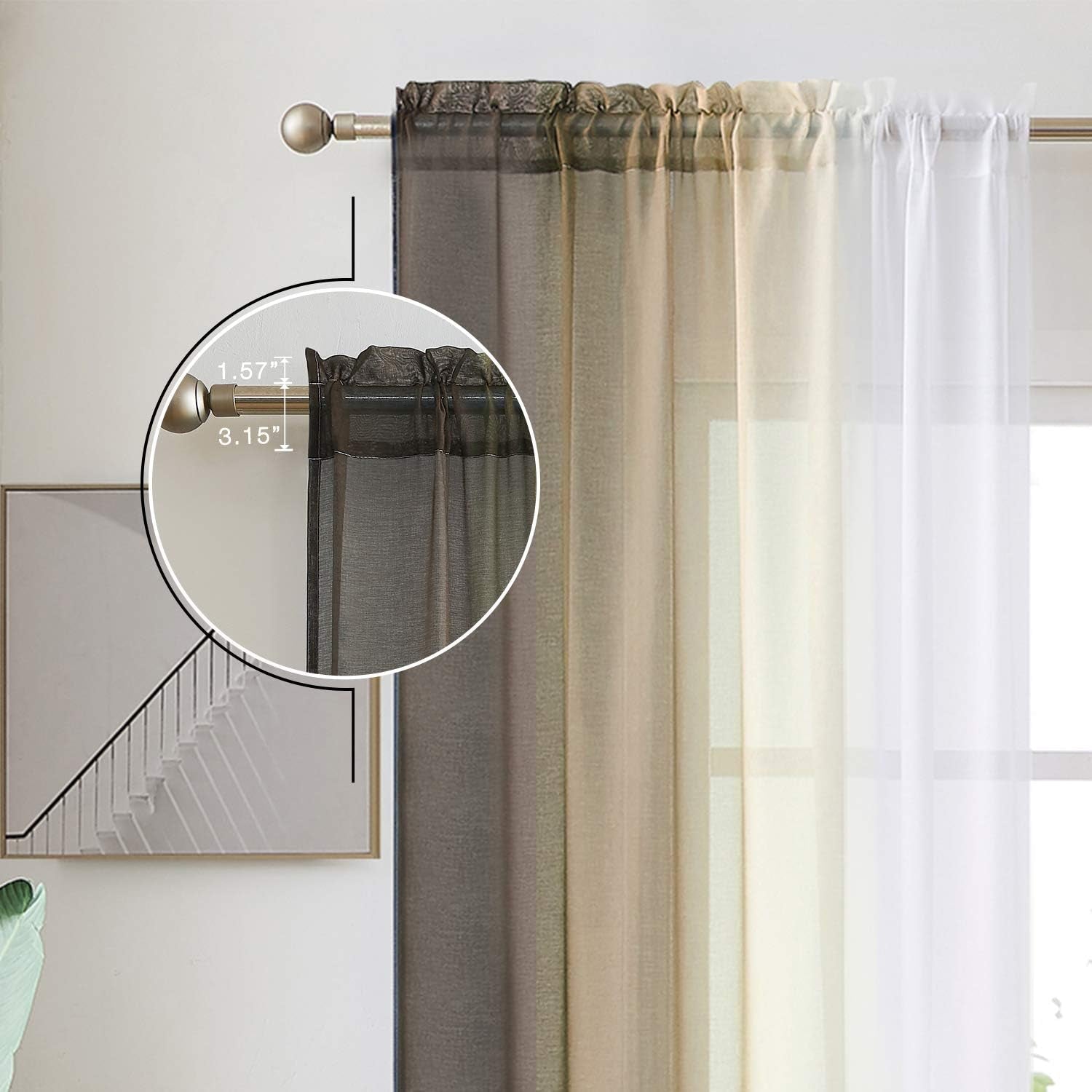 Ombre Faux Linen Sheer Curtains Rod Pocket, Privacy and Light Filtering, 2 Tone Reversible Gradient Voile Semi Window Curtains, Set of 2 Panels, Brown, 54 X 84 Inch Length