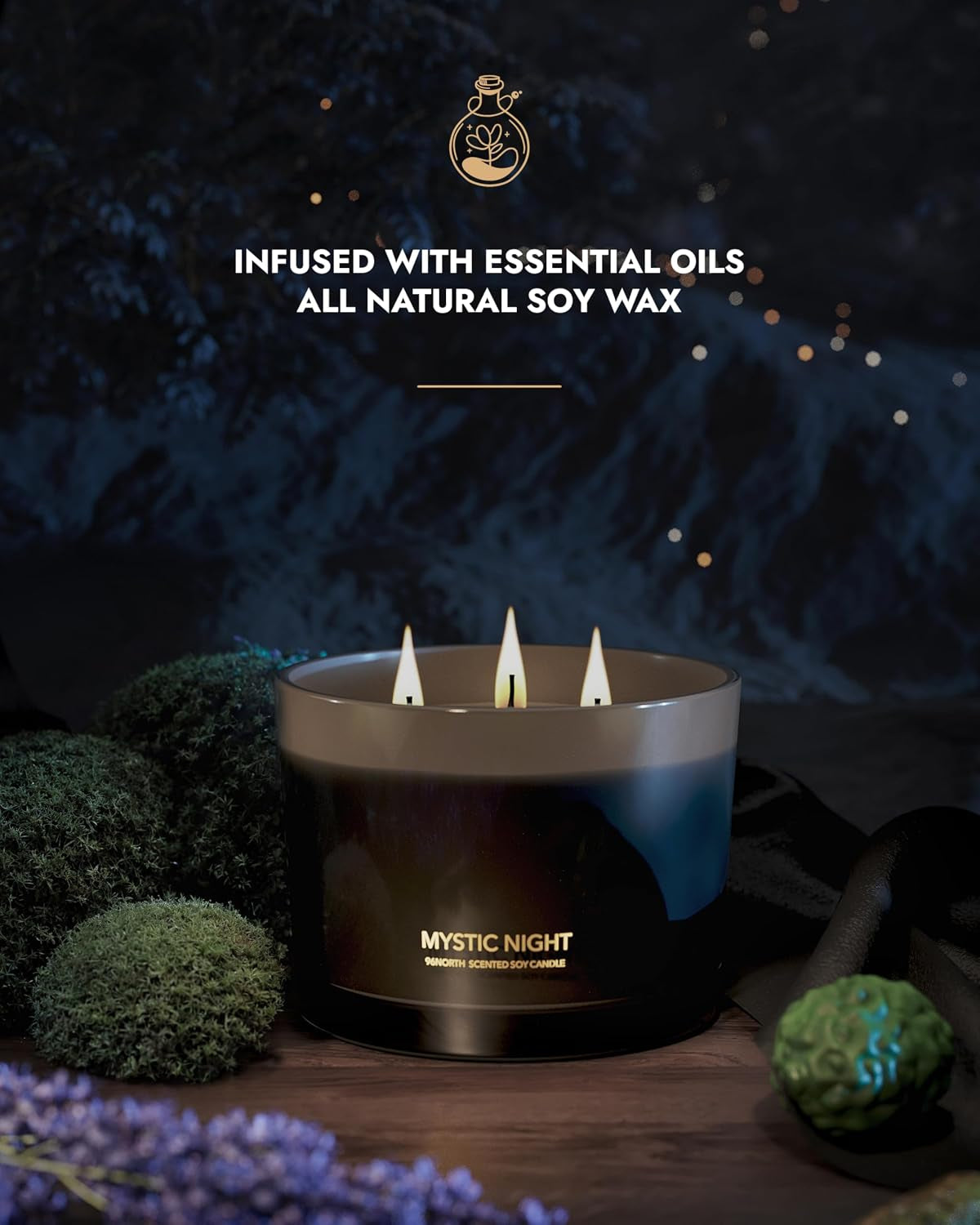 Luxury Black Candle | Large 3-Wick Jar Candle | up to 40 Hours Burning Time | 100% Natural Soy Wax | Relaxing Aromatherapy Aesthetic Candle | Housewarming Gift for Men and Women