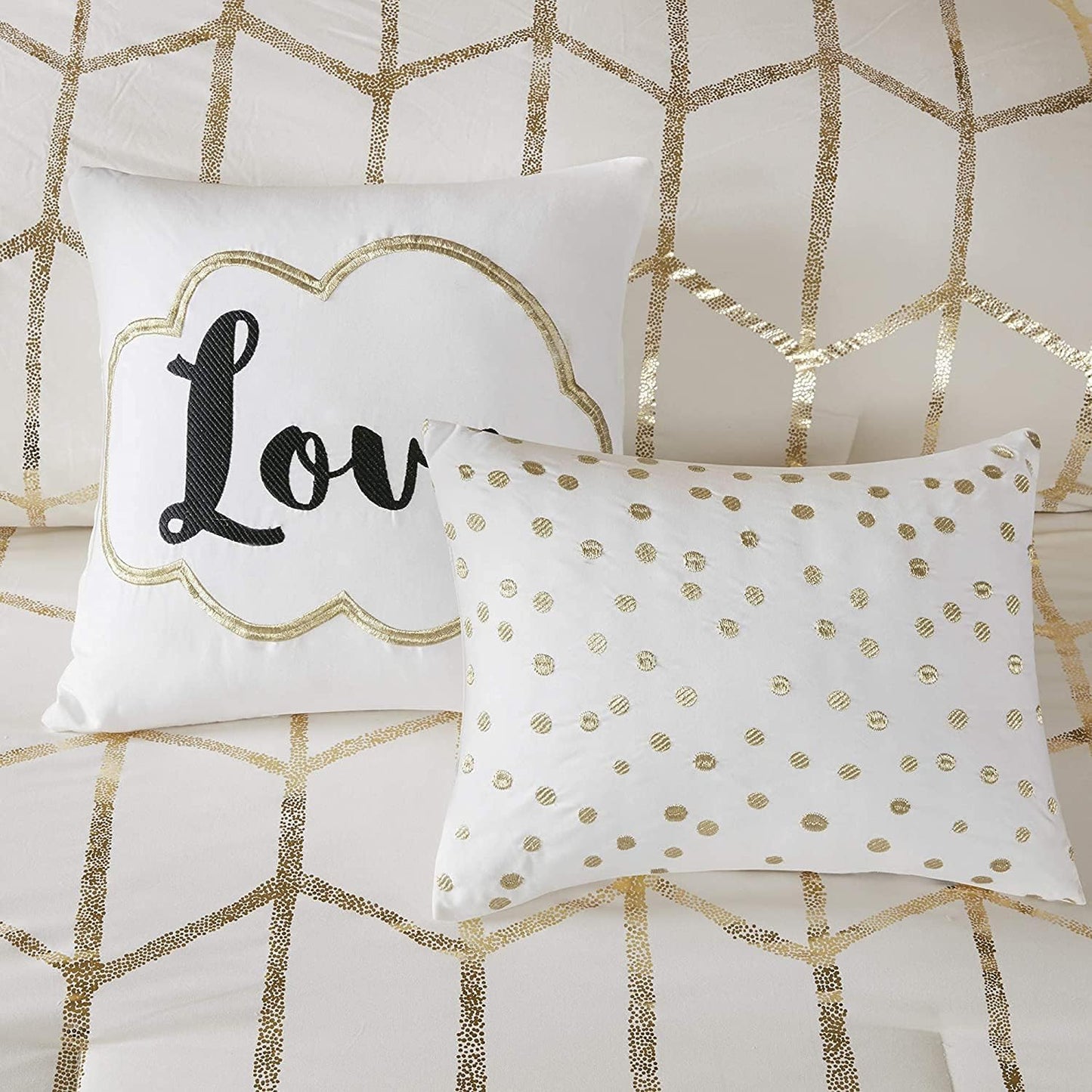 Raina King/Cal King Comforter Set, Modern Geometric Metallic Bed Set, 5 Pieces with 2 Shams, 2 Toss Pillows Ivory/Gold