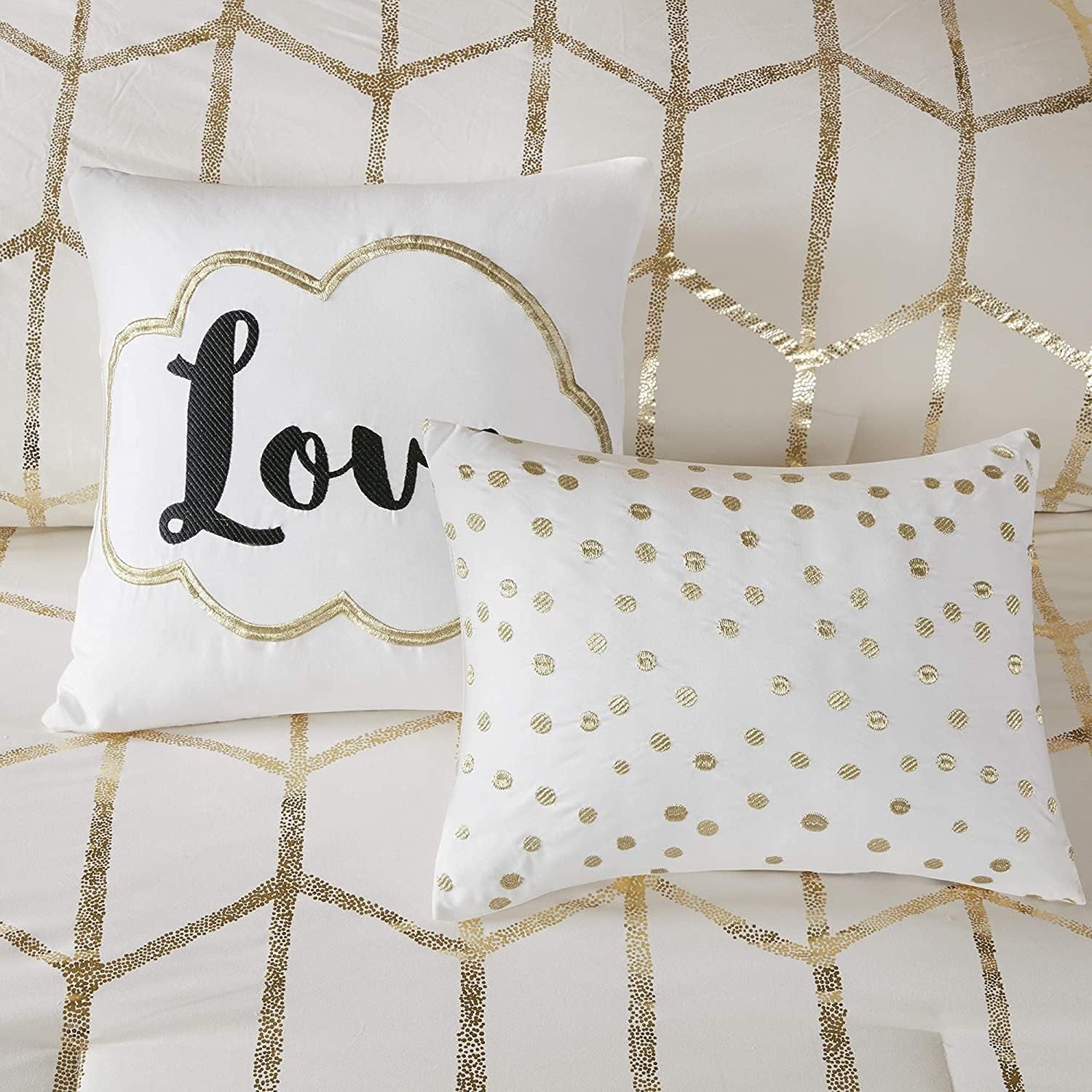 Raina King/Cal King Comforter Set, Modern Geometric Metallic Bed Set, 5 Pieces with 2 Shams, 2 Toss Pillows Ivory/Gold