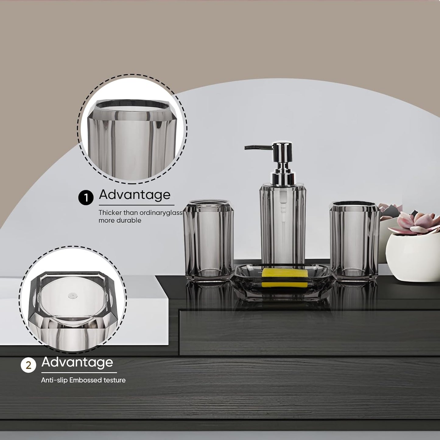 4 Piece Premium Acrylic Bathroom Accessory Set, (Brushed Gray)