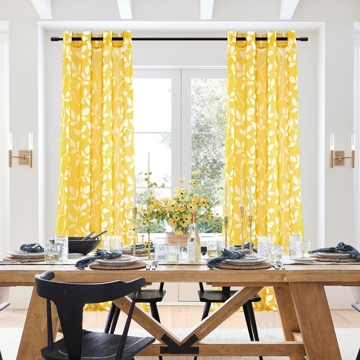 Yellow Sheer Pattern Curtains 84 Inches Long, Spring Decor Lightweight Leaf Floral Printed Curtains 2 Panels Set, Mustard Yellow and White