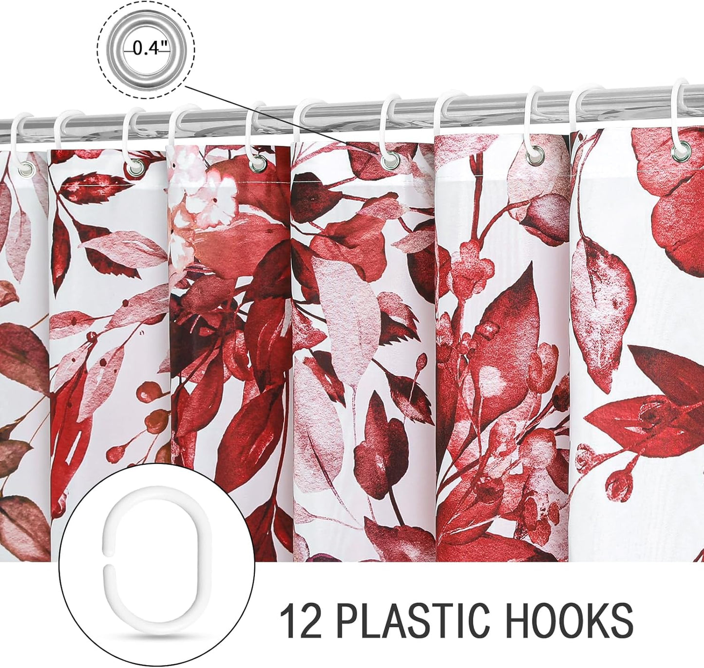 Burgundy Red Eucalyptus Shower Curtain, Watercolor Plant Leaves with Floral Bathroom Shower Curtain Set with Hooks, 72X72