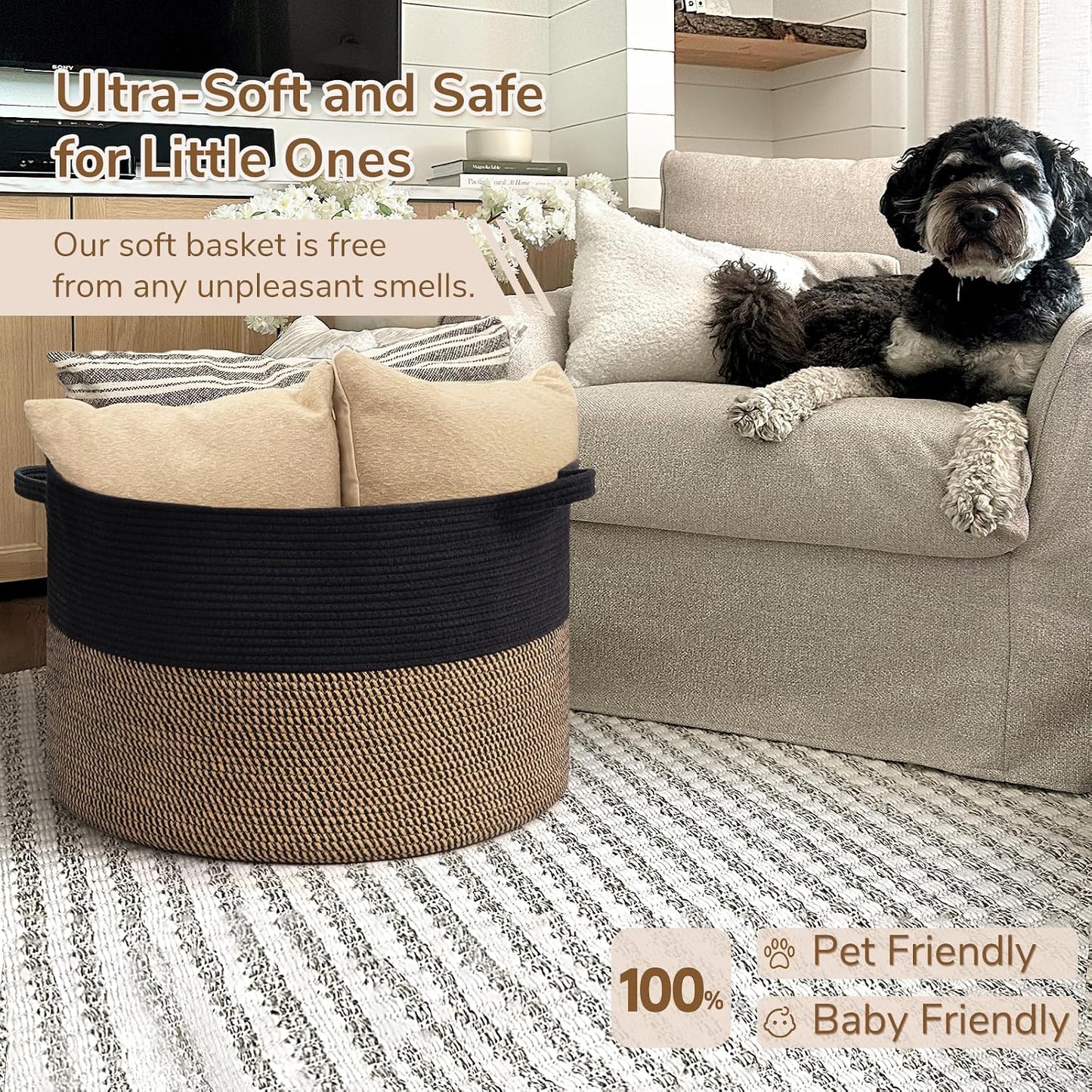 Woven Rope Blanket Basket Living Room Mix Black, Xxx large 90L