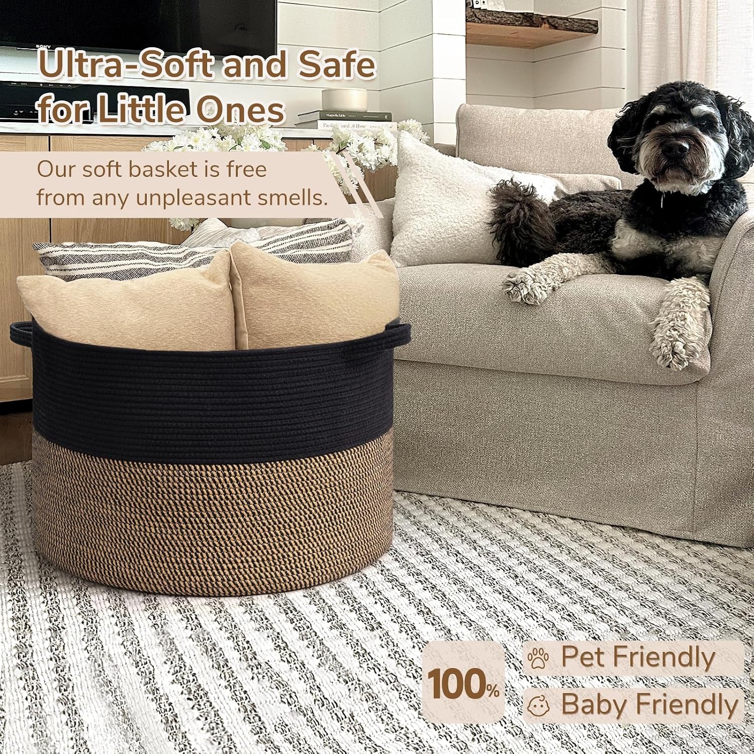 Woven Rope Blanket Basket Living Room Mix Black, Xxx large 90L