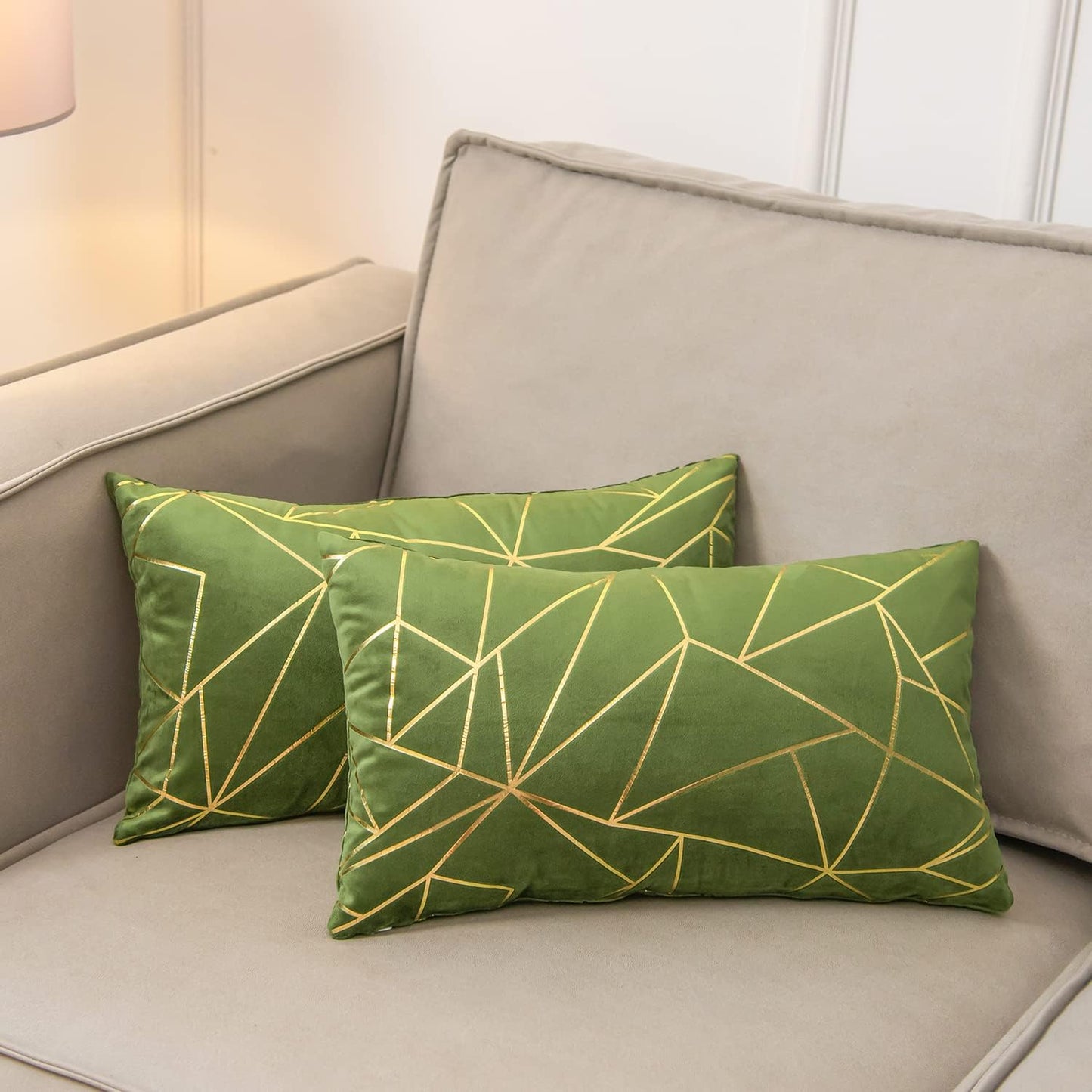 Pack of 2 Velvet Cushion Cases Decorative Gold Foil Geometric Pattern Throw Pillow Covers for Modern Homes Sofa Bedroom Couch Car Living Room Army Green and Gold 12" X 12”