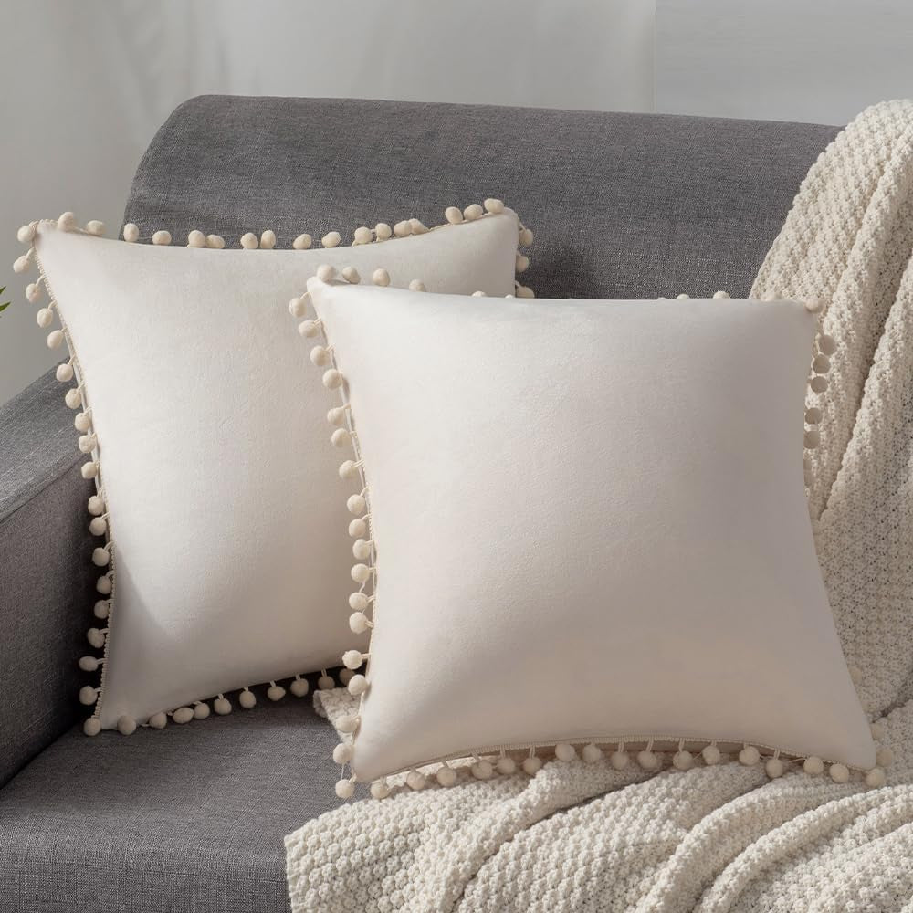 Couch Pillow Covers 20X20 Beige: 2 Pack Cozy Soft Pom-Poms Velvet Square Throw Pillow Cases for Farmhouse Home Decor