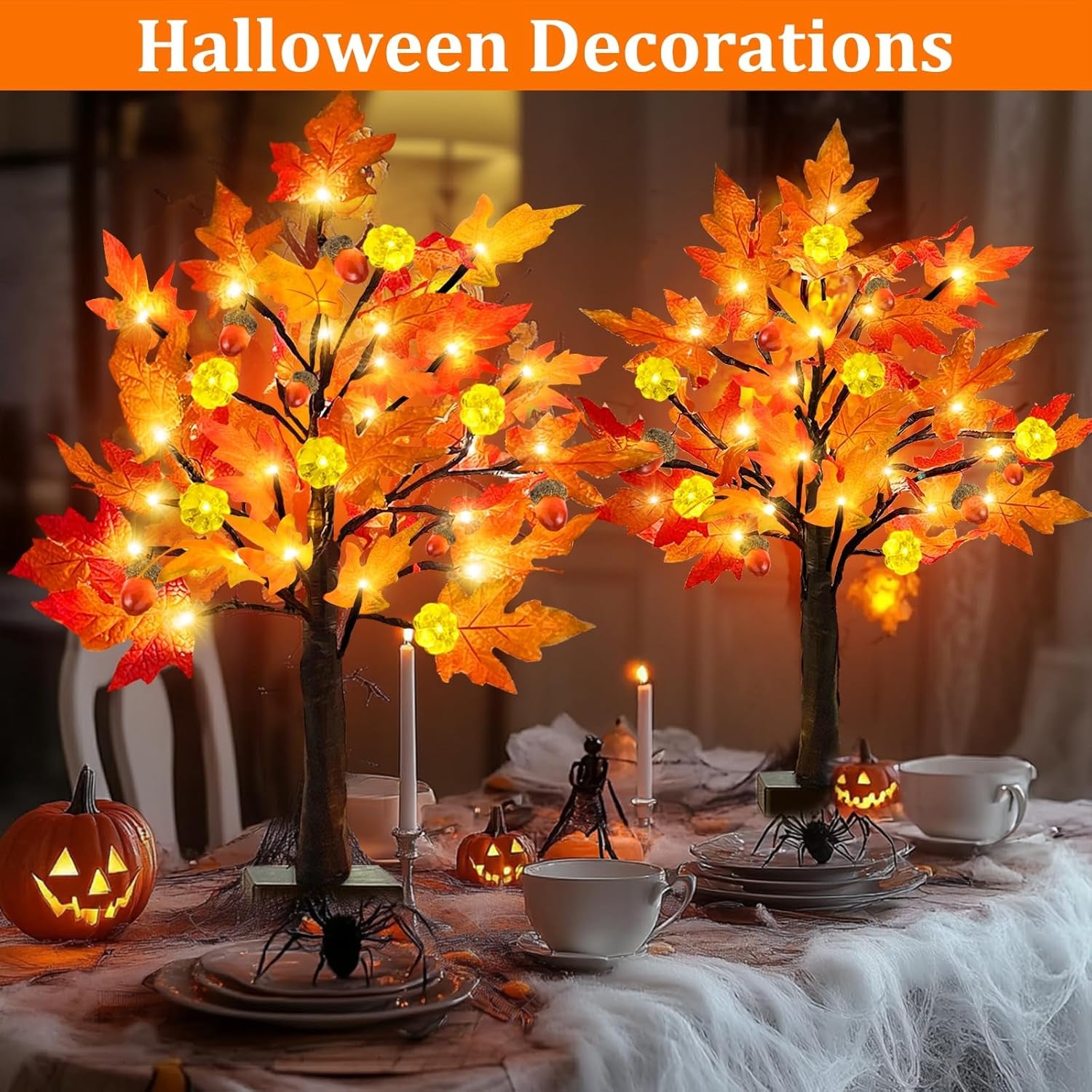 2 Pack 24 Inch Prelit Fall Maple Tree 48Leds Timer Acorn Pumpkin Lights, Battery Operated\