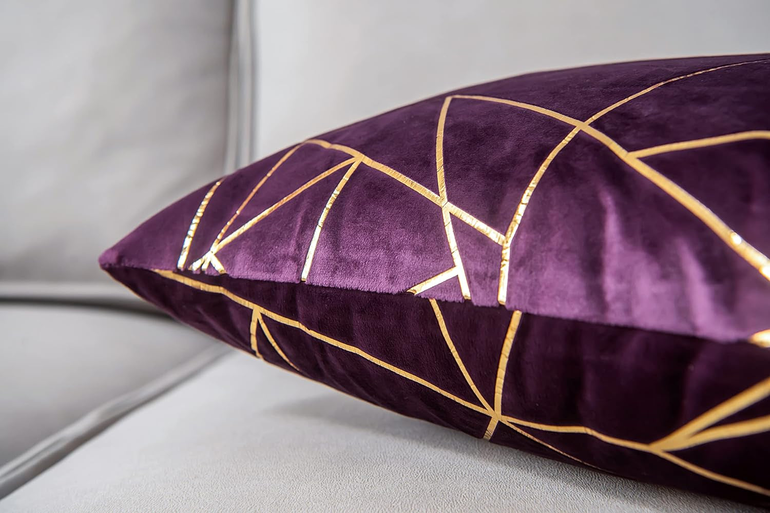 Pack of 2 Soft Velvet Lumbar Throw Pillow Covers Decorative Golden Foil Geometric Pattern Rectangle Cushion Case for Modern Homes Couch Sofa Living Room Car Chair (Shadow Purple, 12“X20”)