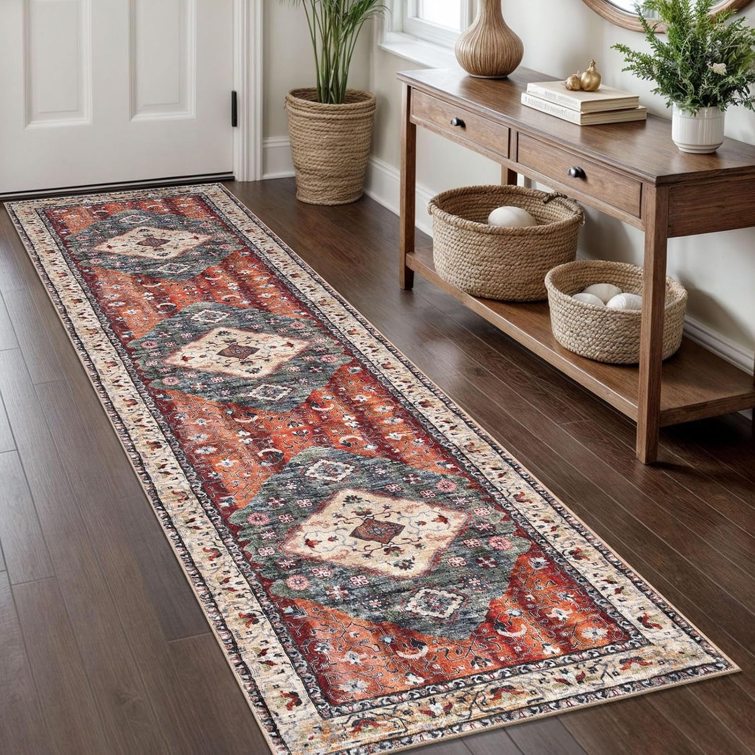 Runners for Hallways 2X8 Ft Entryway Indoor Rust Orange Printed Oriental Faux Wool Floor Carpet