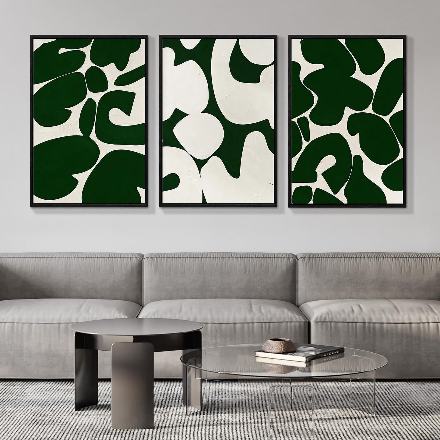 3Pcs Framed Canvas Wall Art, Neutral Abstract Wall Art for Living Room, Green and White Pictures 12X16