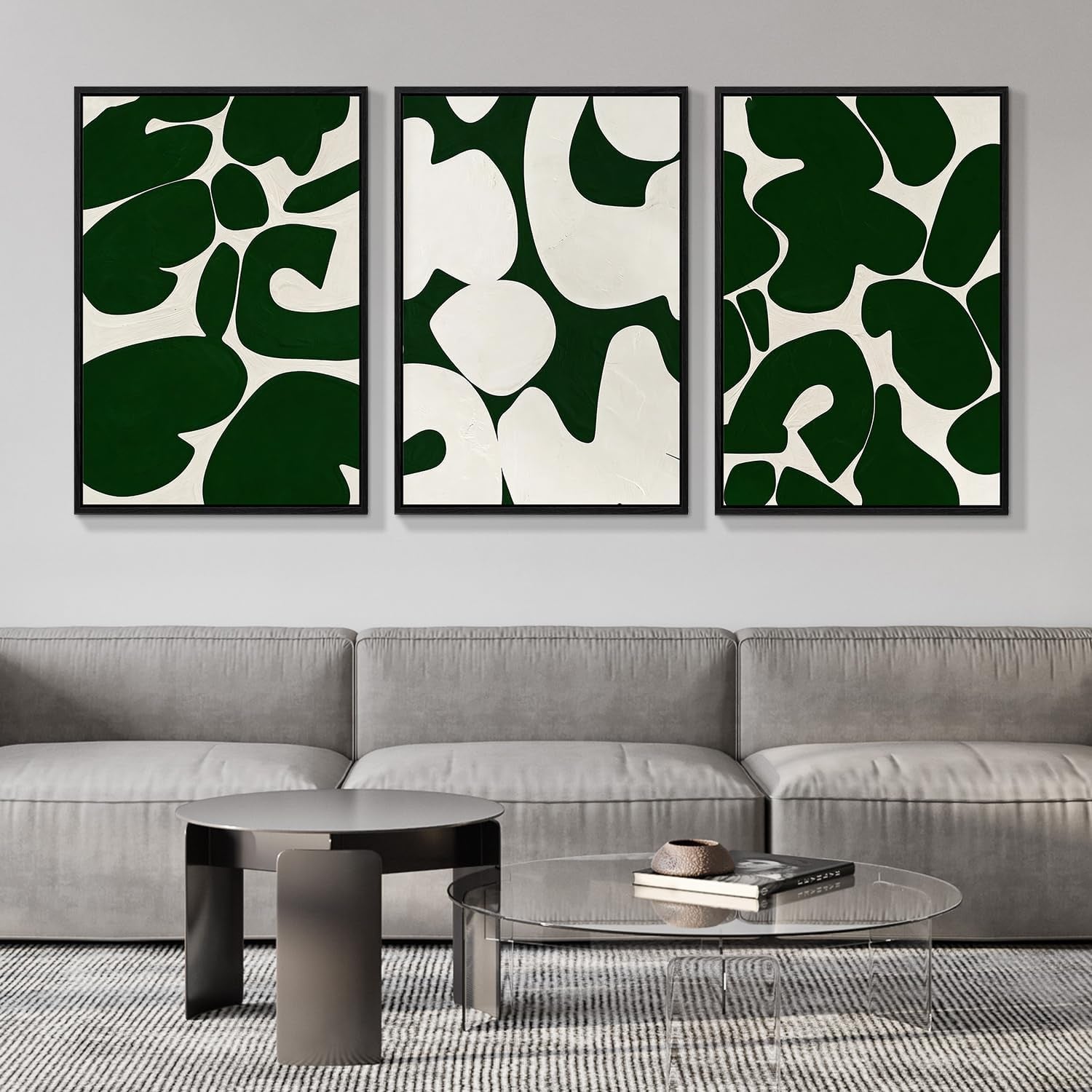 3Pcs Framed Canvas Wall Art, Neutral Abstract Wall Art for Living Room, Green and White Pictures 12X16