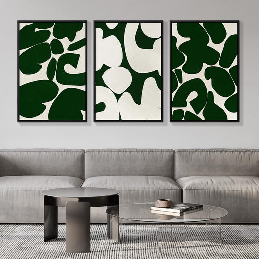 3Pcs Framed Canvas Wall Art, Neutral Abstract Wall Art for Living Room, Green and White Pictures 12X16