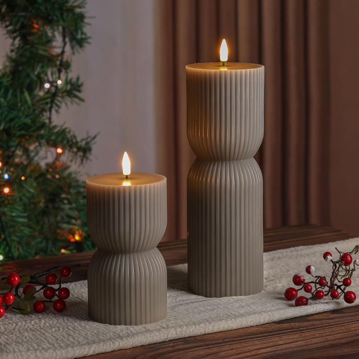 Taupe Ribbed Flameless Pillar Candles with Remote Set of 2