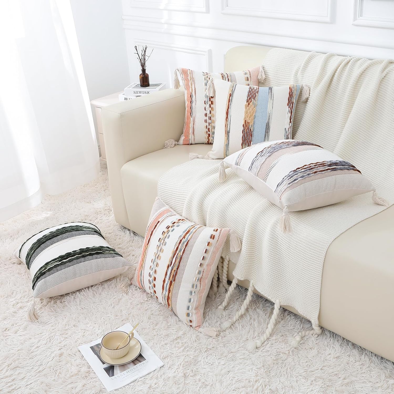 Boho Decorative Throw Pillow Covers 18X18 Set of 2, Cream White and Khaki