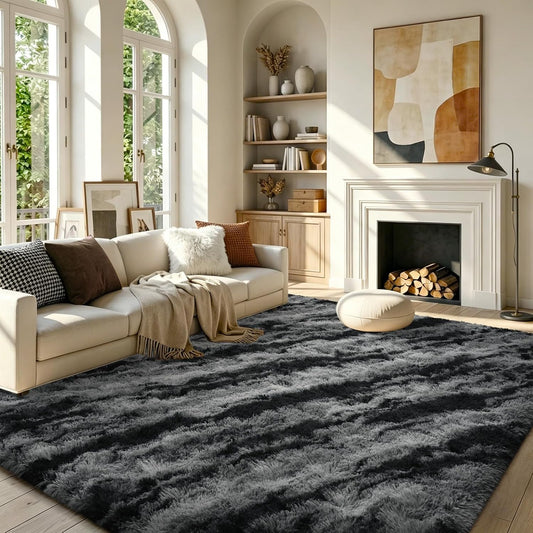 Fluffy Area Rug,4X6 Non-Slip (Tie-Dye Striped Black) 