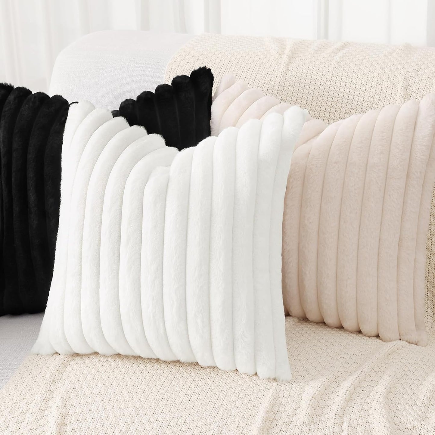 Faux Fur Throw Pillow Covers 18X18 Set of 2, Decorative Soft Plush Striped Couch Pillow Covers, Velvet Black