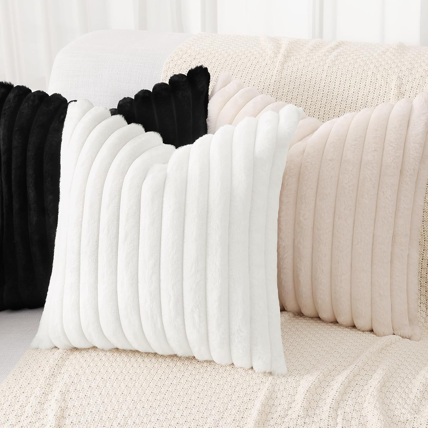 Faux Fur Throw Pillow Covers 18X18 Set of 2, Decorative Soft Plush Striped Couch Pillow Covers, Velvet Black