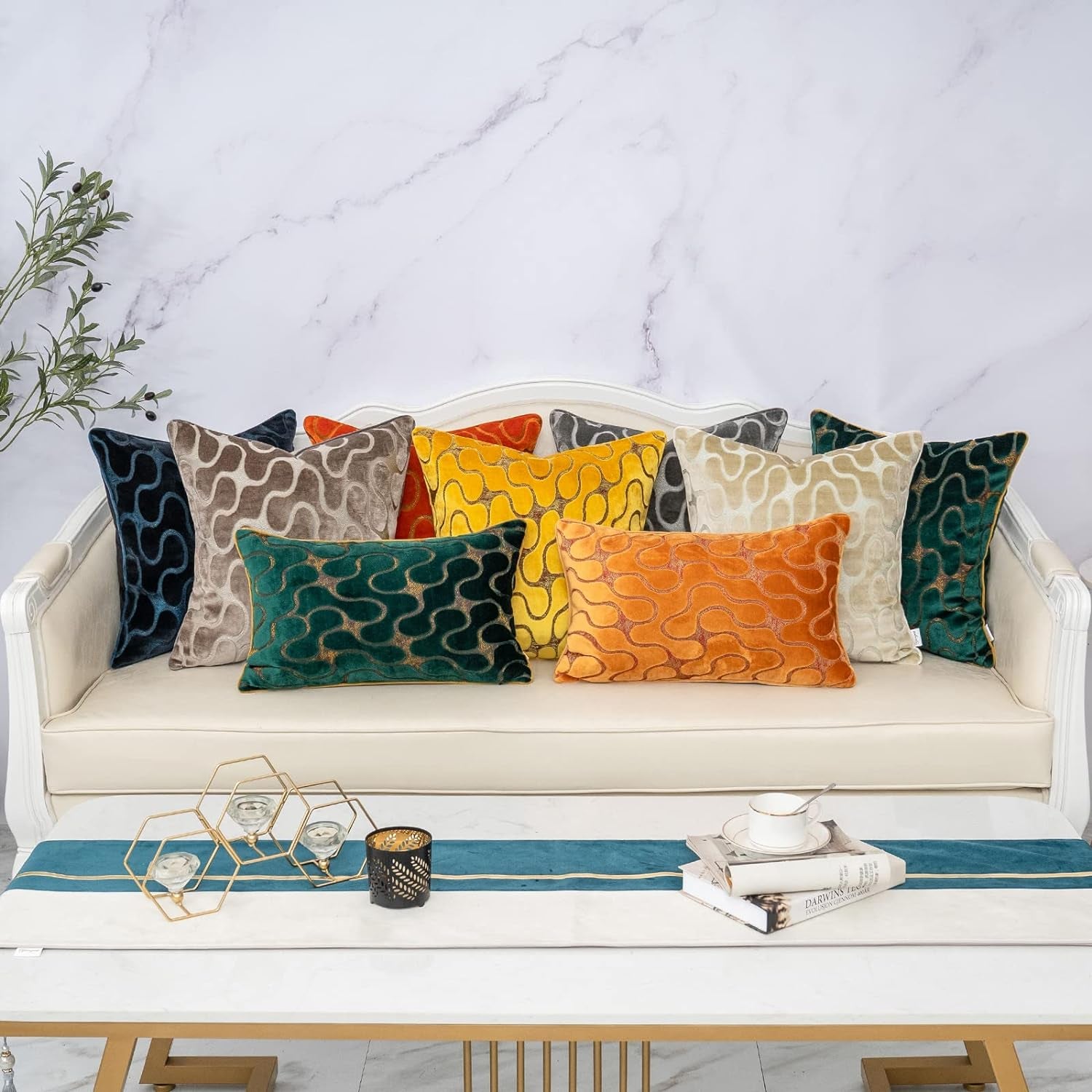 Green Throw Pillow Cover Wavy Cushion Cover Modern Zippered Rectangular Pillowcase for Sofa Couch Bedroom Living Room Home, 12X20 Inch