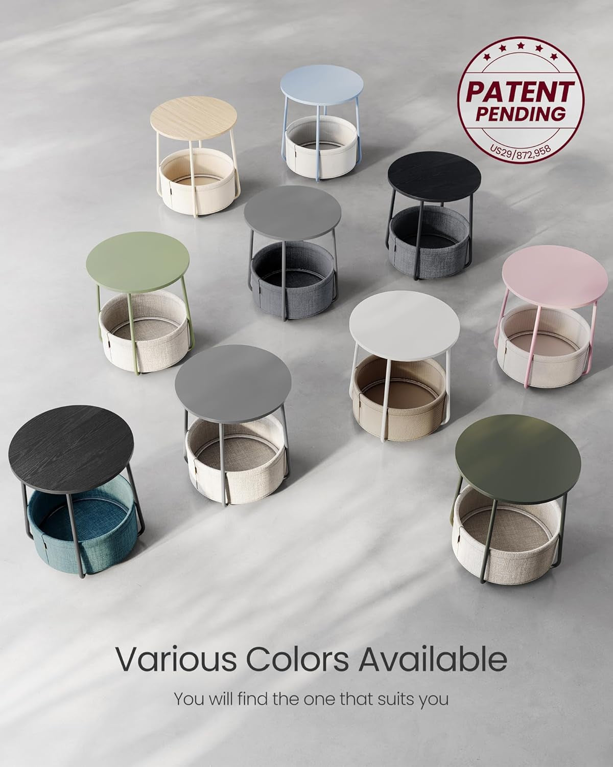 End Table, Small Bedside Table with Fabric Basket, Modern Nightstand, round Side Table, for Living Room, Bedroom, Matte White and Camel Brown ULET223W10
