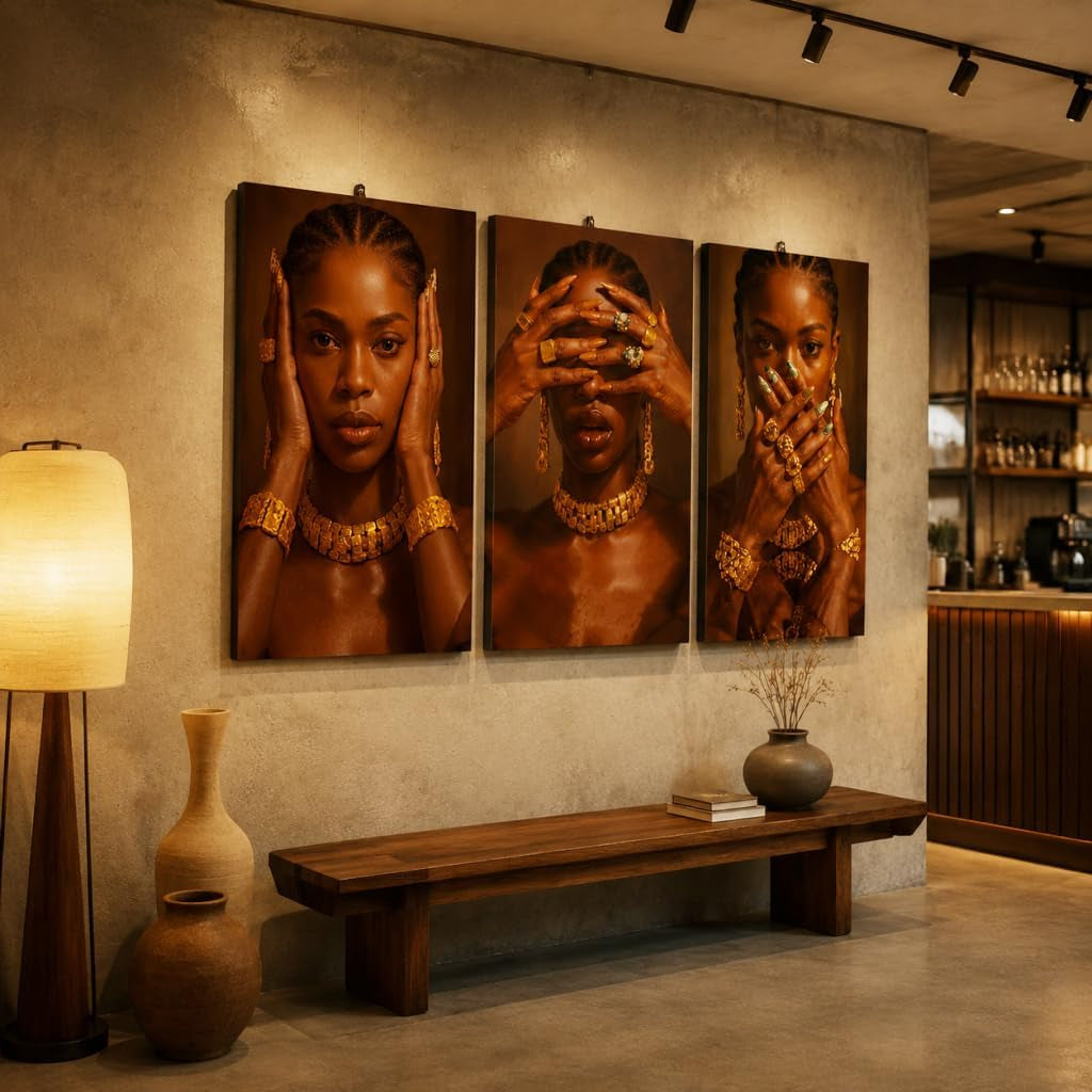 Set of 3 Framed Canvas Wall Art African Woman Portrait Wall Decor Modern Brown Gold Artwork Prints Luxury Fashion Poster Pictures for Living Room Bedroom Office Home Decoration 12X16 Inch
