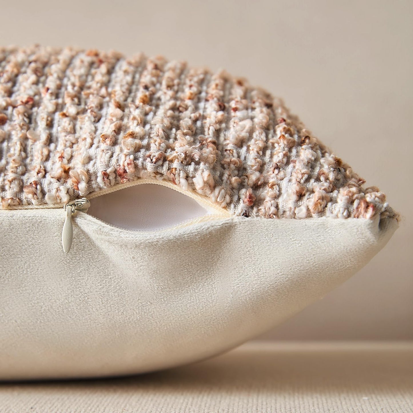 Decorative Lumbar Pillow Cover 12X20 Beige Striped Soft Wool 