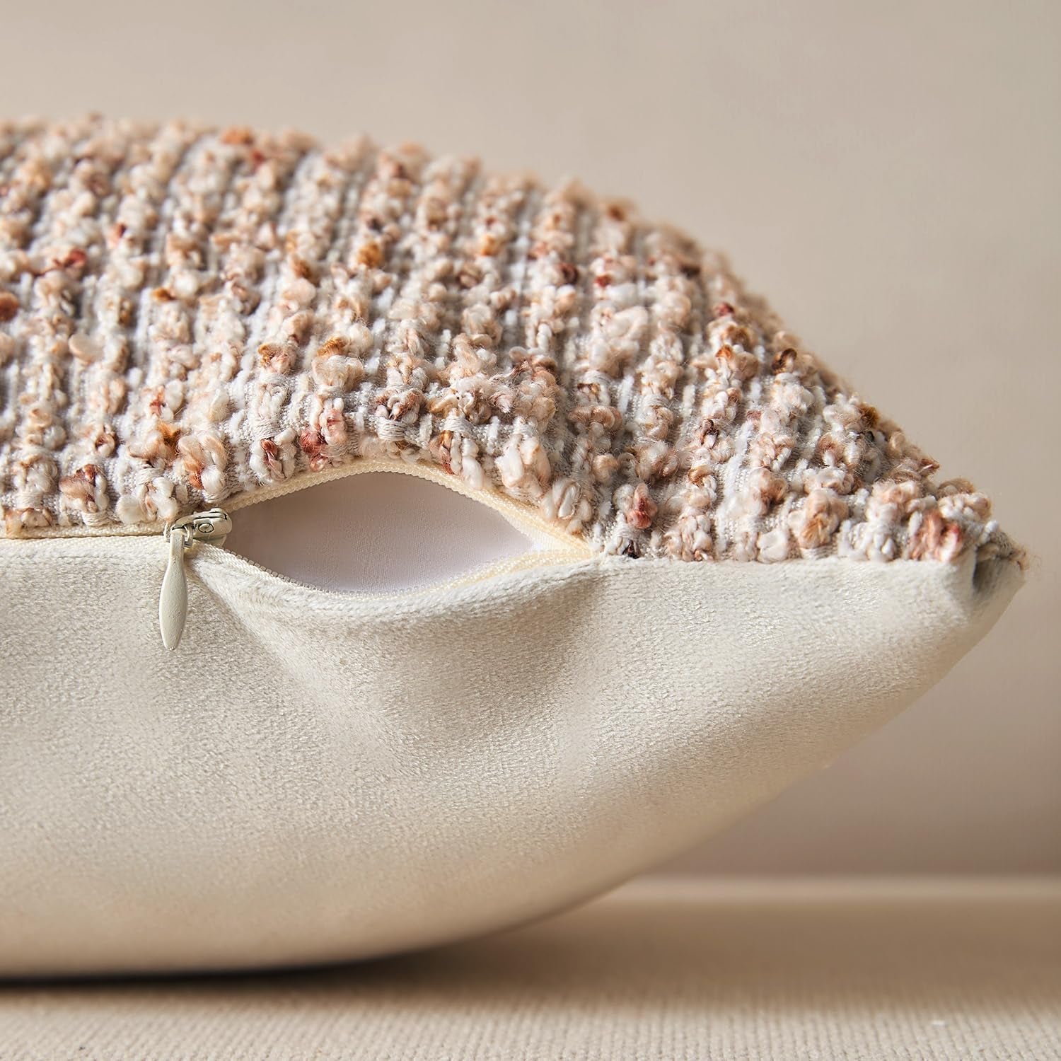 Decorative Lumbar Pillow Cover 12X20 Beige Striped Soft Wool 