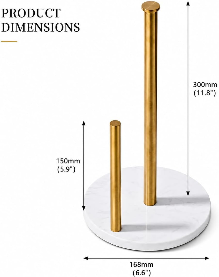 Brushed Gold Paper Towel Holder for Kitchen Countertop, 304 Stainless Steel Roll Dispenser with White Engineered Marble Weighted Base, Freestanding Paper Towel Stand for Standard Rolls