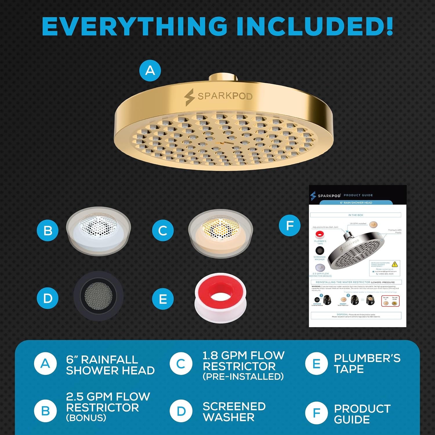  Egyptian Gold Rain Shower Head, 6 Inch Round