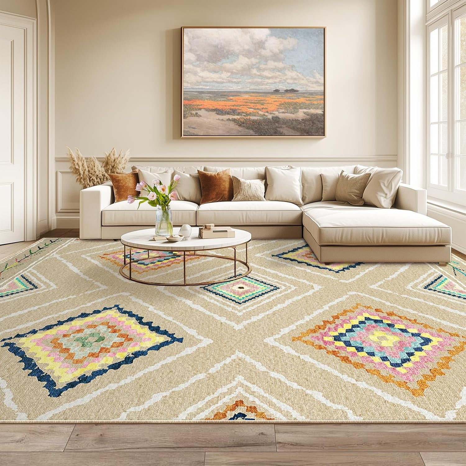 Area Rug 5X7 Rug Machine Washable Non-Slip Print Pattern Western Rug -Cream/Beige