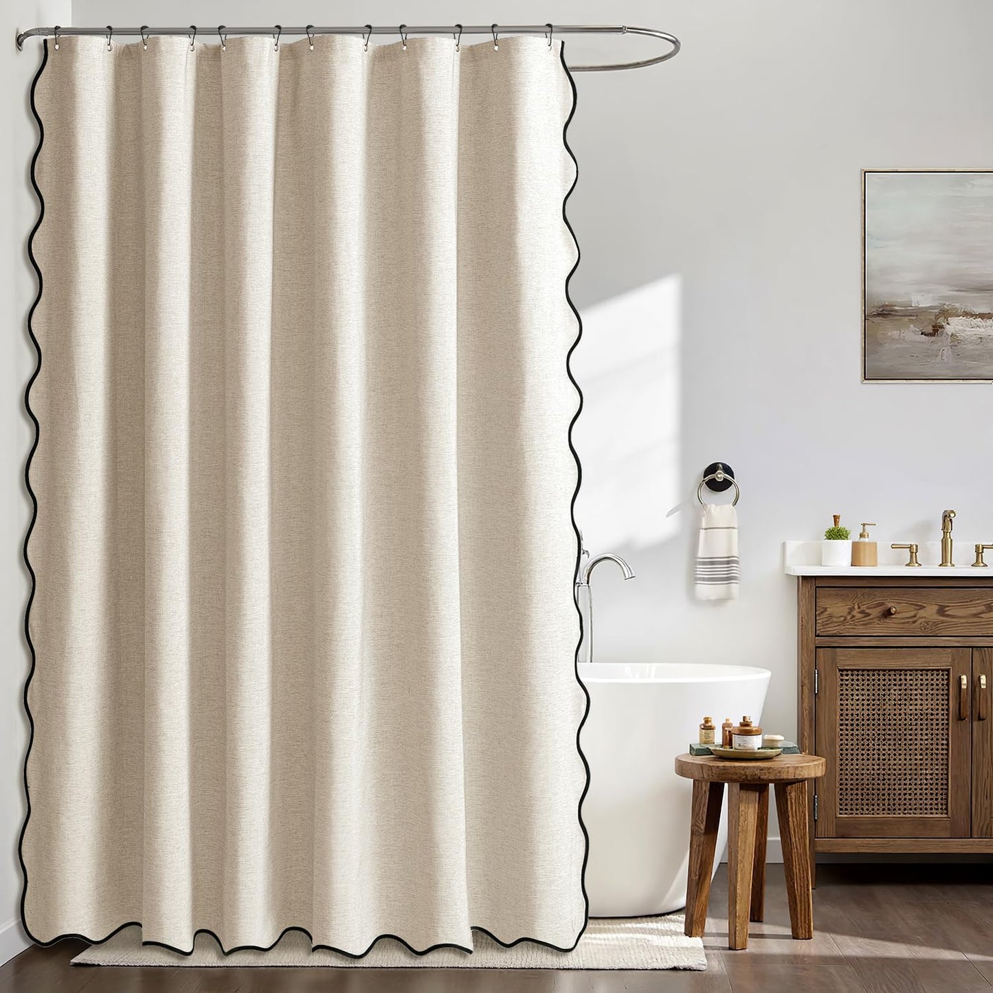 Beige Scalloped Shower Curtain Linen with 12 Metal Hooks Cute Heavy Duty Washable Waterproof, W 72*L 72 Cream