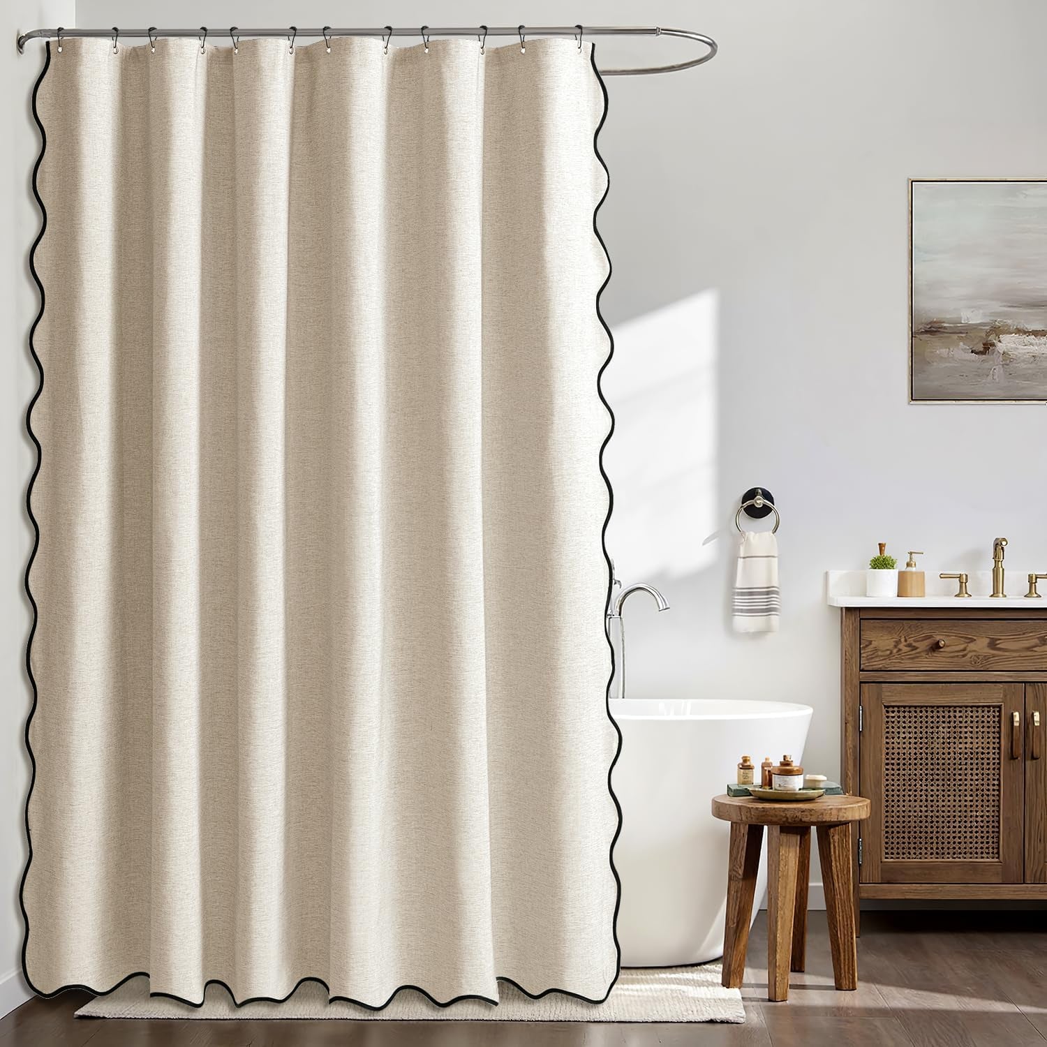 Beige Scalloped Shower Curtain Linen with 12 Metal Hooks Cute Heavy Duty Washable Waterproof, W 72*L 72 Cream