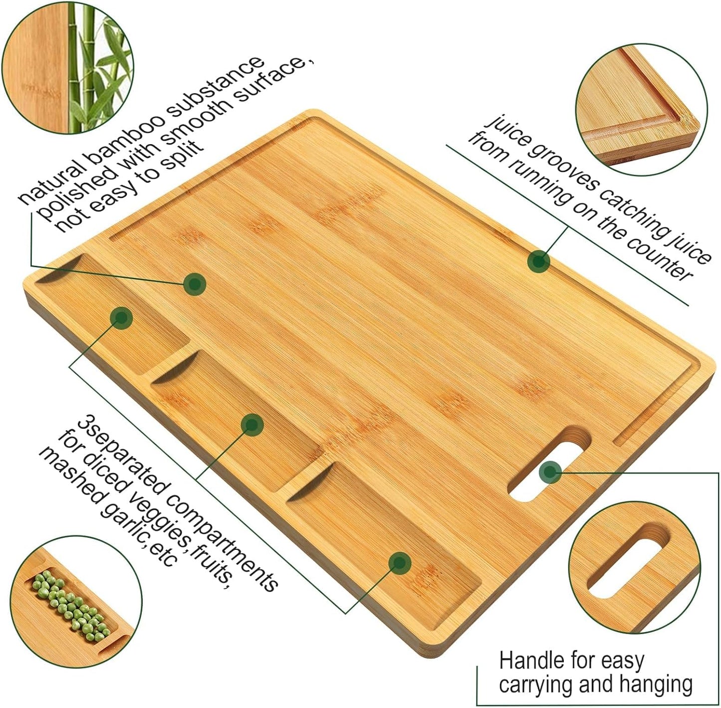 Cutting Boards, Large Bamboo Chopping Board, Built-In 3 Compartments and Juice Grooves(17 X 12.6")