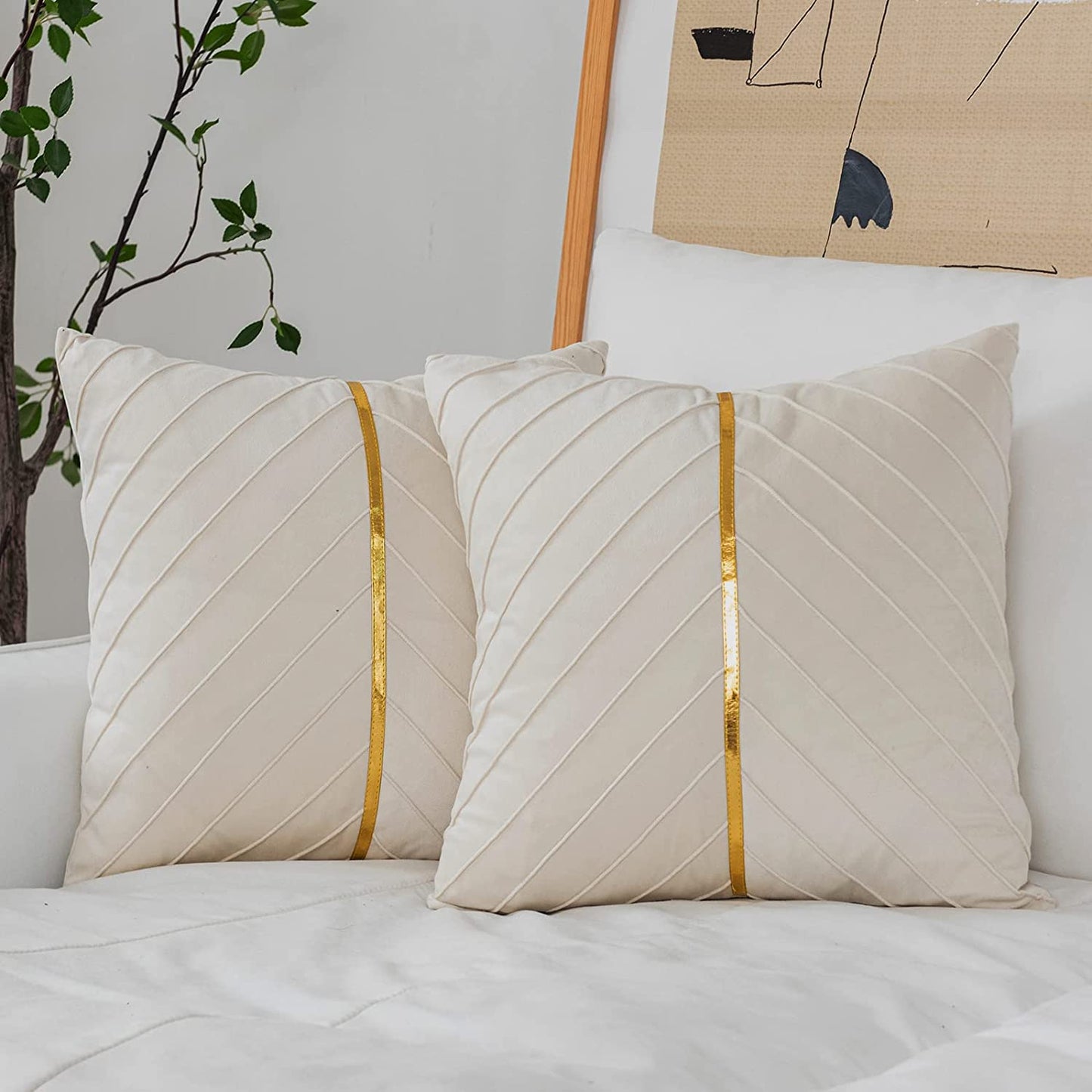 Velvet Throw Pillow Covers, Pack of 2 Soft Gold Decorative Cushion Covers, Cream White, 16X16 Inch