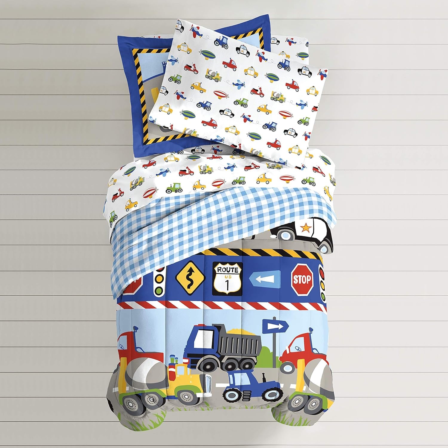 Trucks Tractors Cars Boys 5-Piece Bedding Kids Construction Comforter Sheet Set, Twin Blue Red Multi