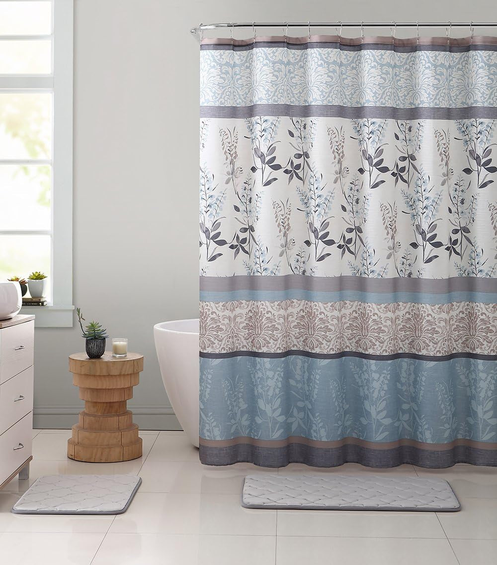 Farmhouse Floral Bordered Damask Shower Curtain - Light Blue, Beige, and Grey (72 X 70 Inches)