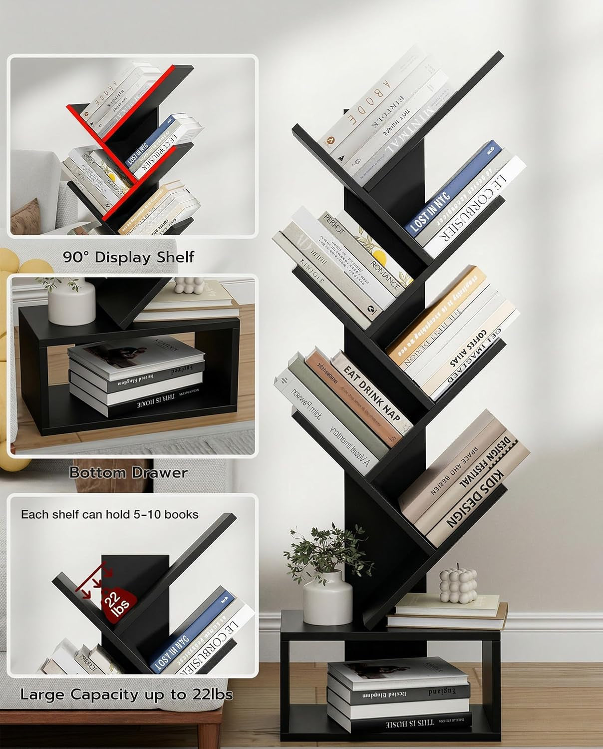 6 Tier Tree Book Shelf - Small Bookshelf Decor, Corner Bookshelf, Living Room Storage, Tall Narrow DVD & CD Shelf Storage Bookshelves, Black