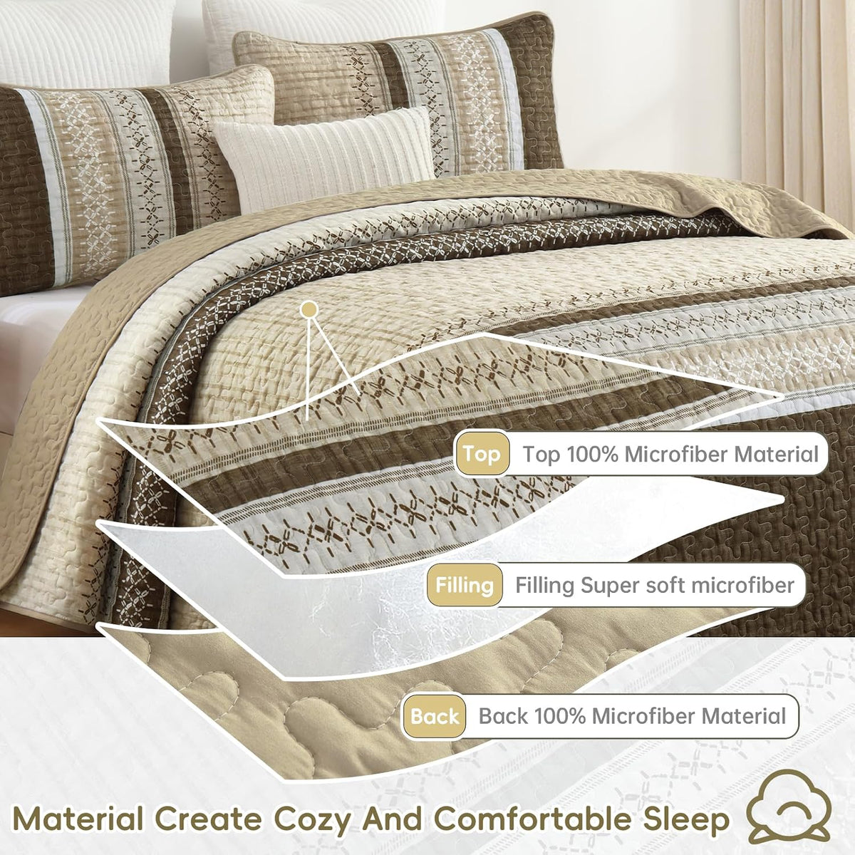 Brown California King Quilt Set,Striped Texture Bedspread 3 Pcs