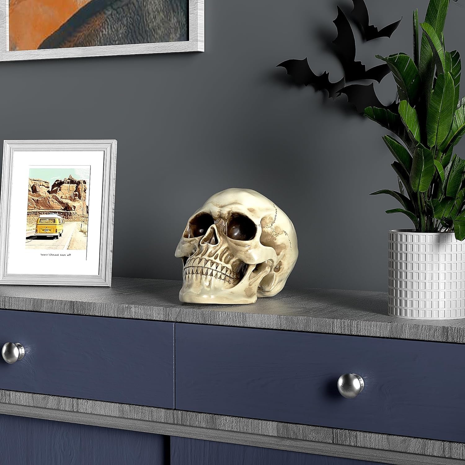Resin Halloween Skull Statue, Human Head Model for Home Decoration, (White)
