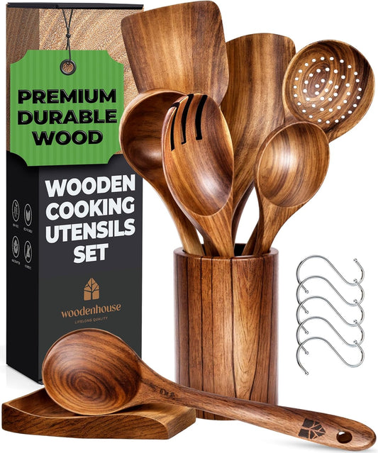 Teak Wooden Utensil Set with Spoon Rest & Hooks, Non-Stick Friendly 8 Pcs