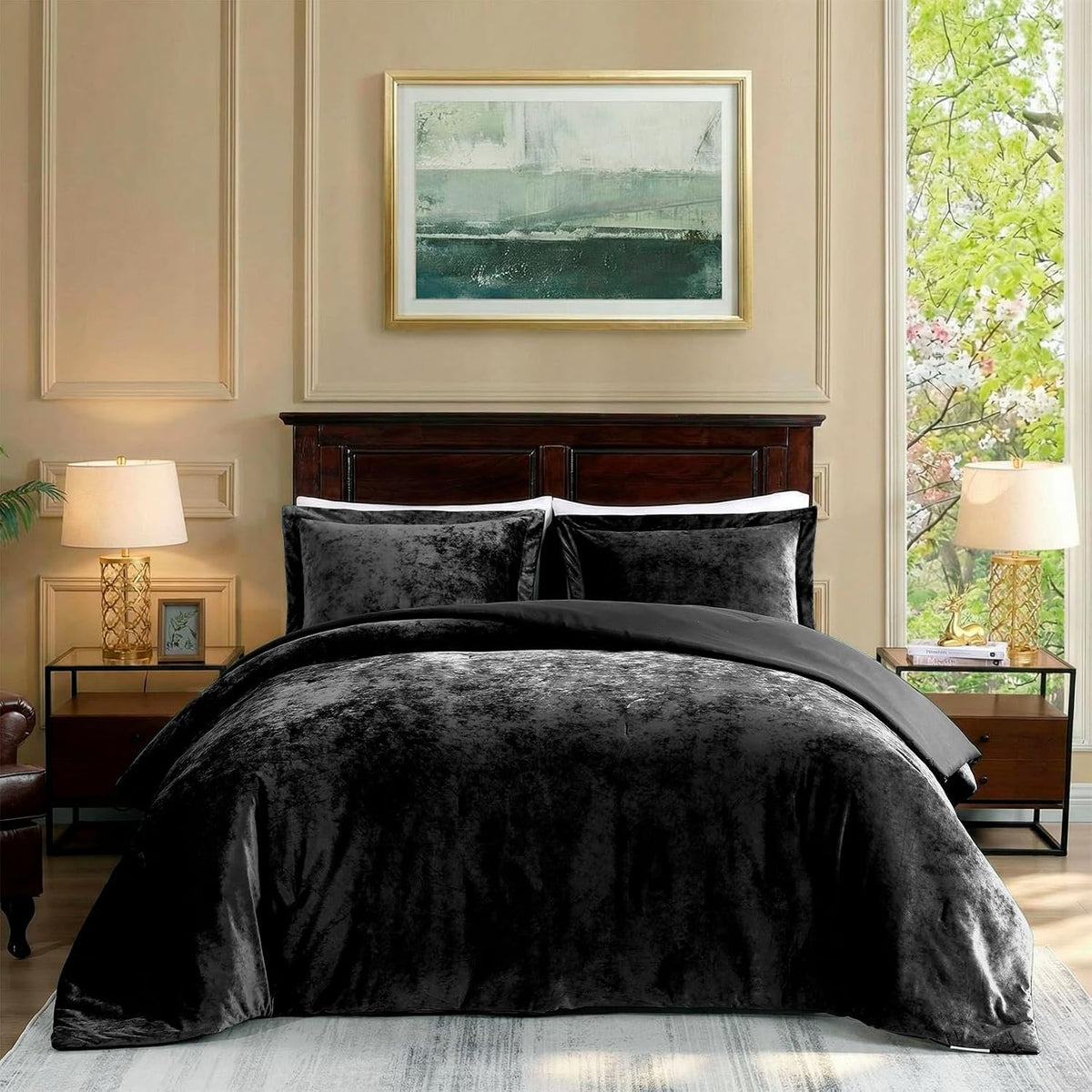 Velvet Comforter King, Luxuriously Soft King Size Comforter Set, Lightweight Bed Set for All Seasons, Oversized Comforter (108"X96") with 2 Matching Shams (20"X36"), Black