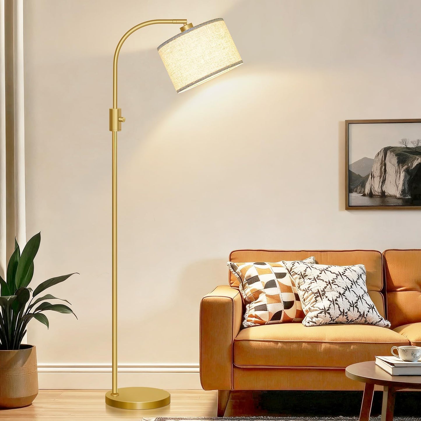 Upgraded Modern Arc Dimmable Tall Standing Floor Lamp with Linen Shade, 1200 Lumens LED Bulb Included, Gold